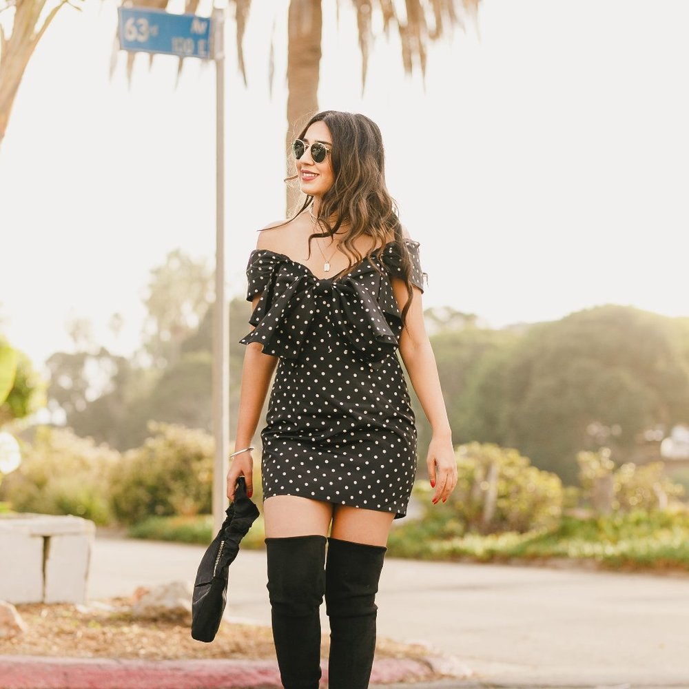 Off shoulder polka dot mini dress
